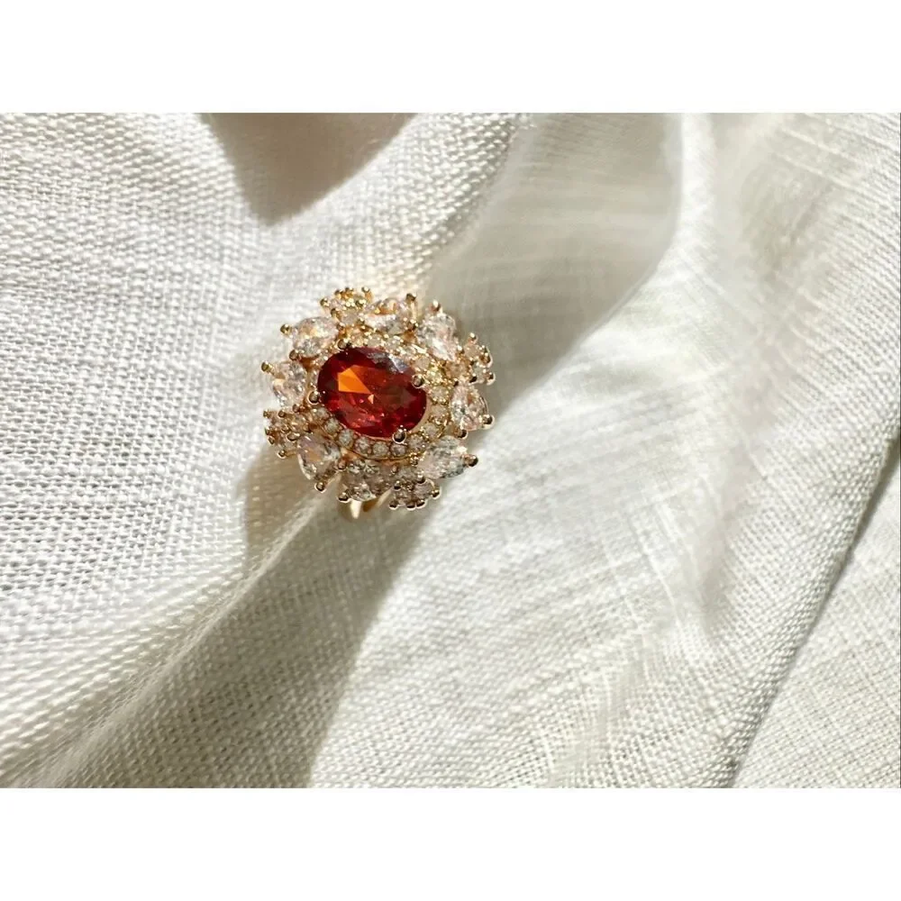 Burnt red oval cut cubic zirconia cocktail ring
